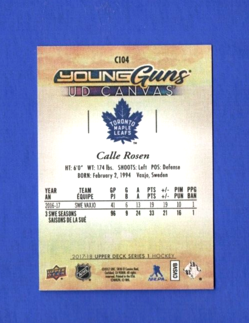 2017-18 Upper Deck  - Calle Rosen  - Young Guns Canvas Rookie  Maple Leafs #C104