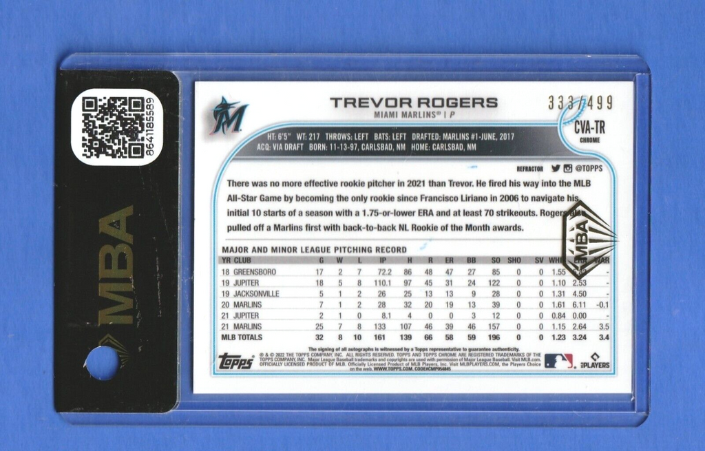 2022 Topps Chrome Refractor  -  Trevor Rogers  AUTO /499 #CVA-TR  MBA  AUTHENTIC