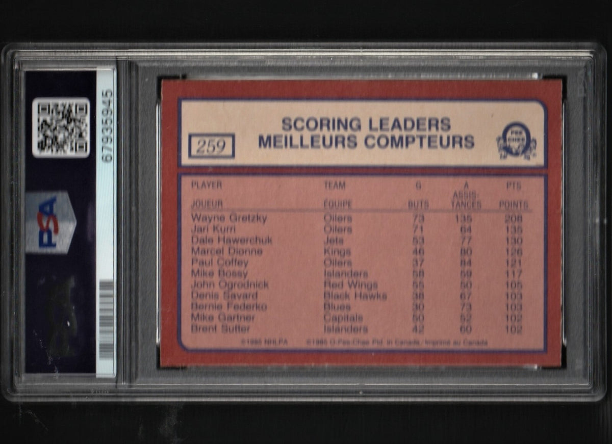 1985 O-Pee-Chee  Wayne Gretzky  -  Scoring Ldrs. #259 PSA 7 NM - Edmonton Oilers