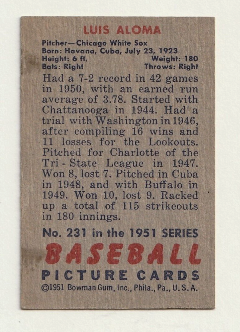 1951 Bowman #231   -   LUIS ALOMA    -     Chicago White Sox   -   Rookie Card