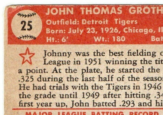 #25 JOHNNY GROTH 1952 Topps Baseball RED BACK DETROIT TIGERS