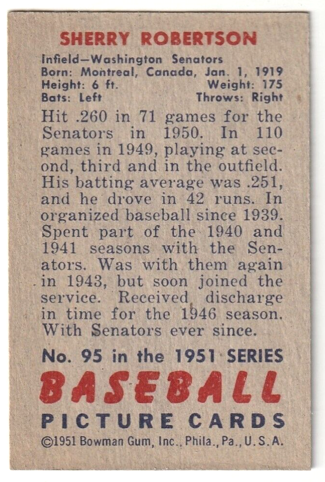 1951 Bowman  -  Sherry Robertson    -  Wasington Senators  #95   EX- EX+