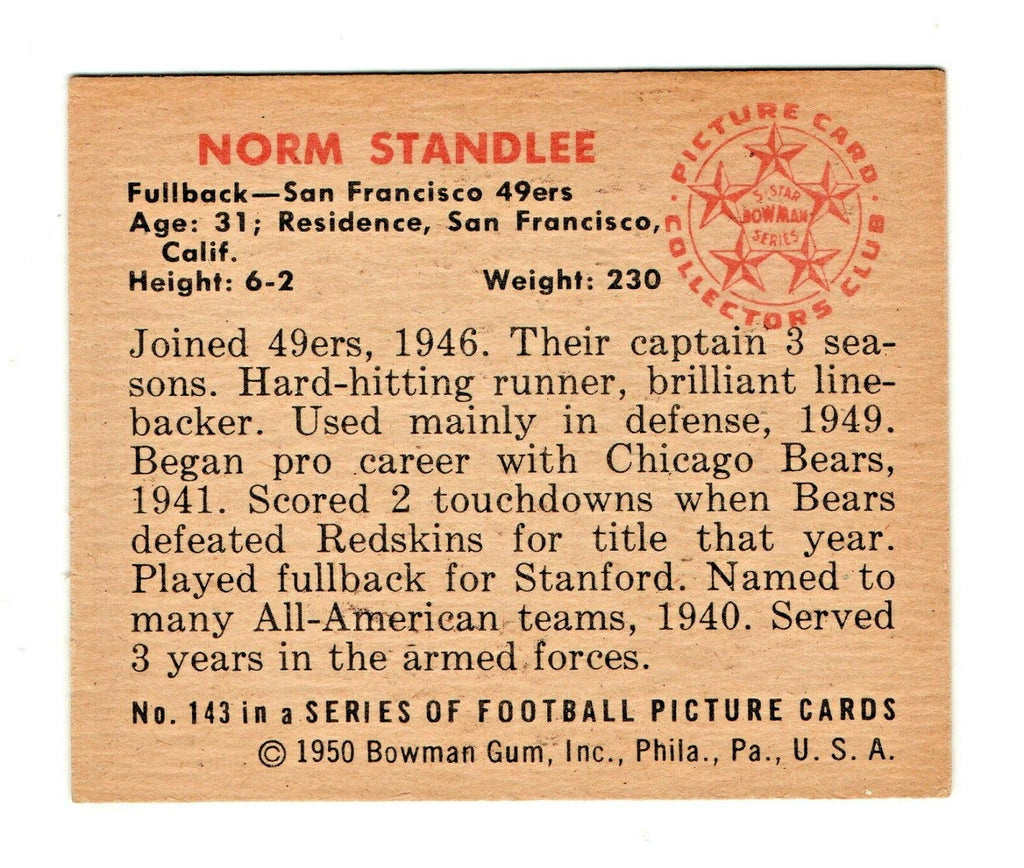 1950 Bowman   Norm Standlee  -   ROOKIE  -   RC #143 EX-EX+  San Francisco 49ers