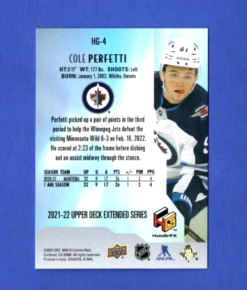 2021-22 Upper Deck Extended  HoloGrFX  Rookies  GOLD - Cole Perfetti  - Winnipeg