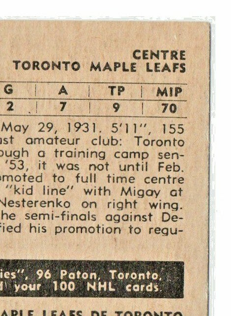  BOB BAILEY 1954-55 PARKHURST  #28 EX-EX+ Toronto Maple Leafs