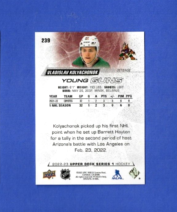 2022-23 Upper Deck 1  Vladislav Kolyachonok   ROOKIE Young Guns #239  -  Coyotes