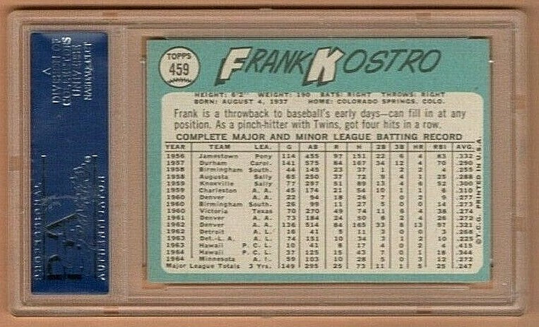 1965 Topps # 459 -- Frank Kostro  -  Minnesota Twins -- PSA  EX-MT 6 