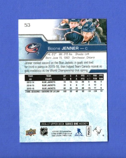 2016-17 Upper Deck Series 1  #53 BOONE JENNER  Base Exclusives  068/100 Columbus