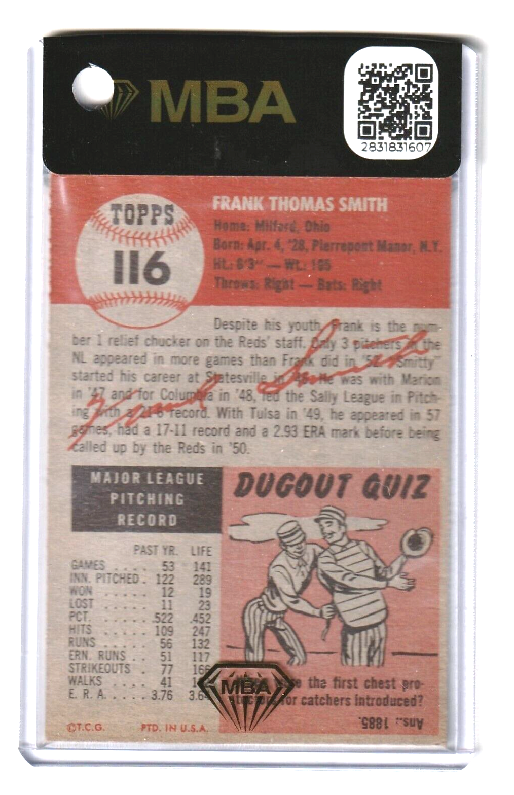 1953 Topps    -   Frank Smith  #116    -   MBA AUTHENTIC    -    Cincinnati Reds