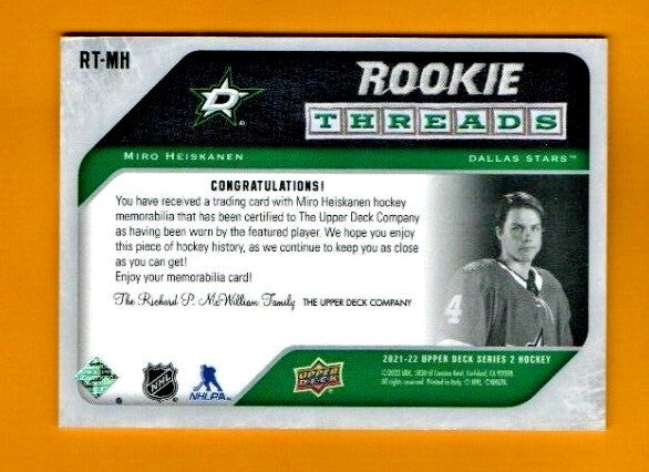 Miro Heiskanen 21-22 Upper Deck Rookie Threads Green Jersey  RT-MH Dallas Stars 