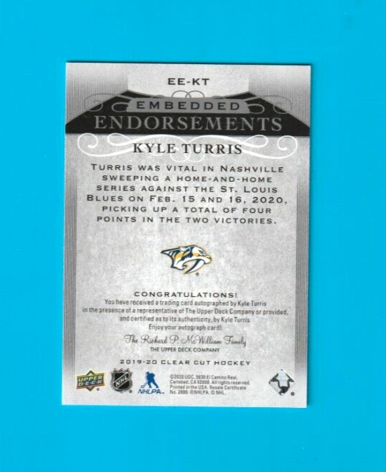 2019-20 UD  - ON CARD  - Auto   56/99 - EE-KT Kyle Turris  - Nashville Predators