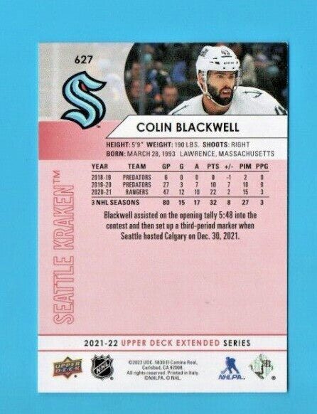 Colin Blackwell  2021-22 Upper Deck Extended #627 Exclusives  054/100 - Seattle