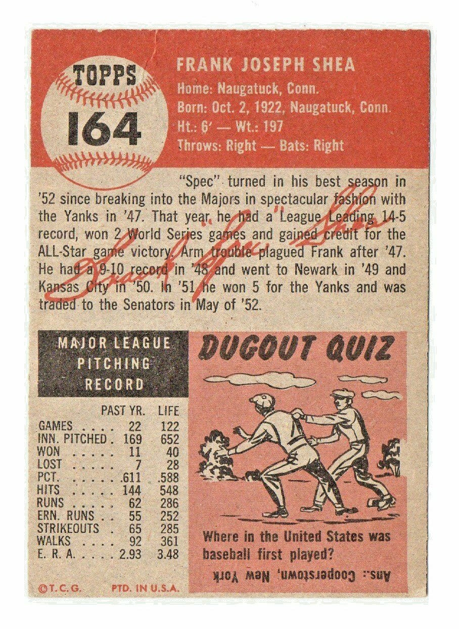 1953 Topps Baseball Card #164 - Frank Shea -  Washington Senators - VG-EX