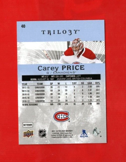 2017-18 Upper Deck Trilogy Blue #40  - Carey Price  538/999 - Montreal Canadiens