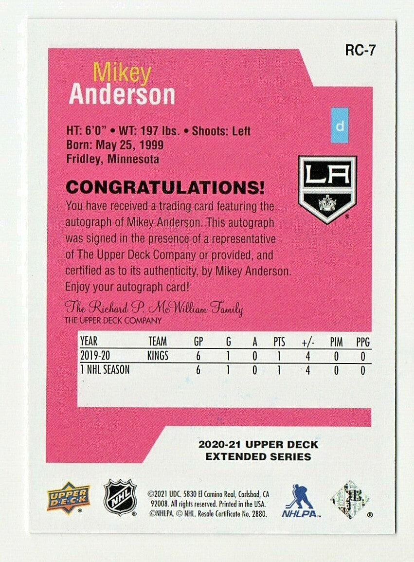 Upper Deck 2020-21 EXTENDED - Rookie Class  -  Pink Auto - Mikey Anderson  #RC-7