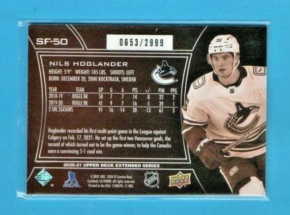 2020-21 UD Extended Series NILS HOGLANDER ROOKIE 0653/2999 SPxFINITE #SF-50