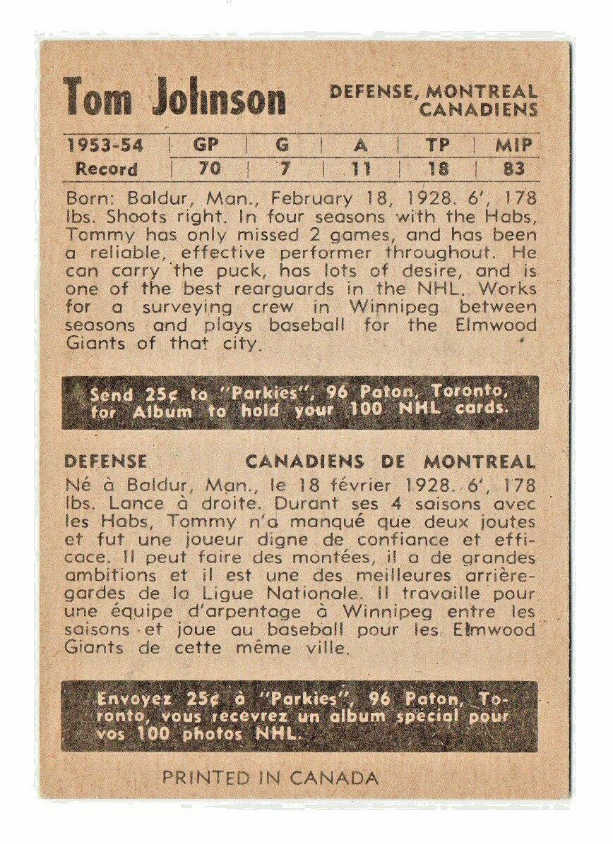 TOM JOHNSON 1954-55 PARKHURST  # 10 NRMT-MINT  - GRADEABLE - Montreal Canadiens