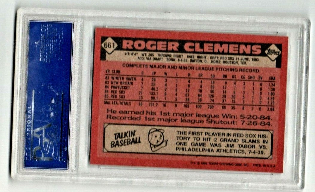 1986 Topps #661 Roger Clemens  -  PSA 8 NM-MT  -  Boston Red Sox