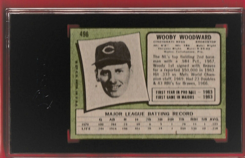1971 Topps   -    Woody Woodward    #496   -   Cincinnati Reds   -   SGC 6 EX-NM