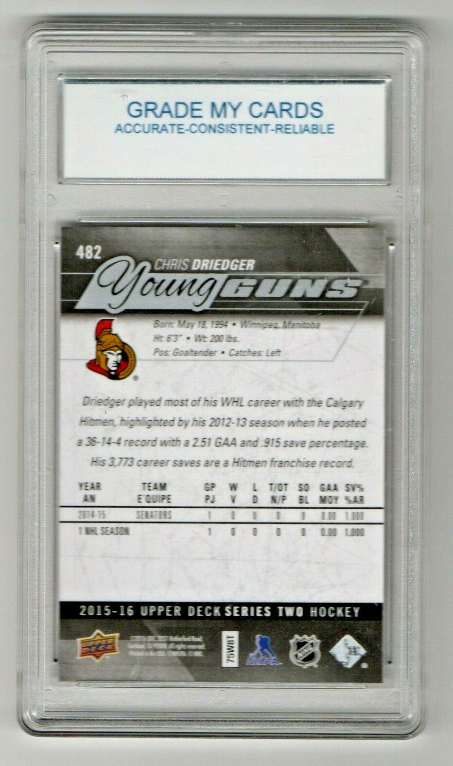 2015-16 Chris Dreidger Upper Deck Young Guns YG Rookie RC #482 10 Gem-Mint Sens