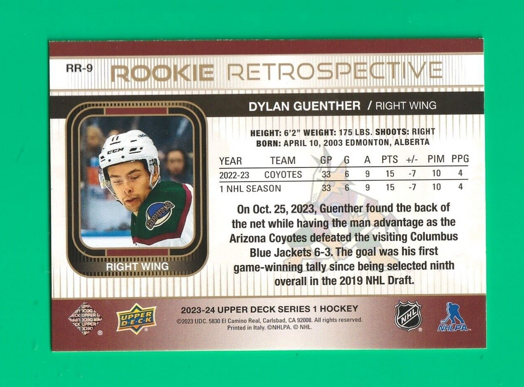 2023-24 Upper Deck Rookie Retrospective Gold #RR9 Dylan Guenther Arizona Coyotes