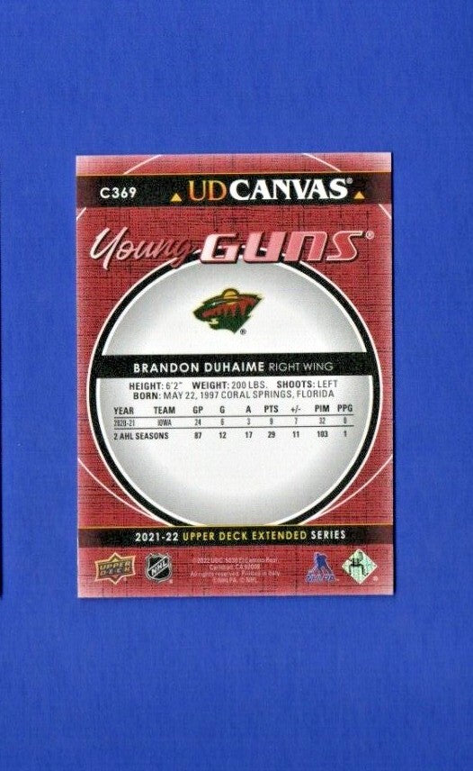 2021-22 Upper Deck Extended Young Guns Canvas C369 Brandon Duhaime