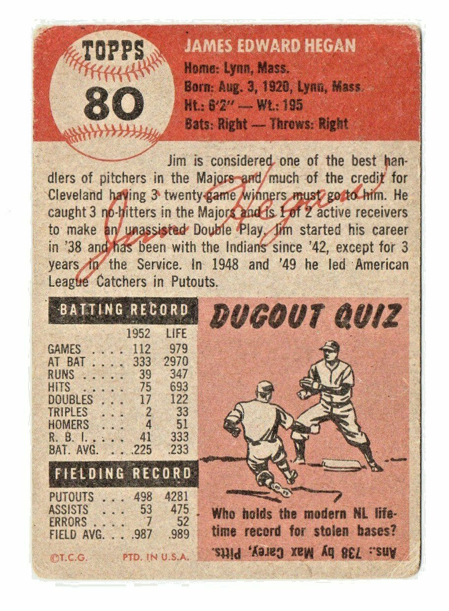 1953 TOPPS #80  --  JIM HEGAN  --  CLEVELAND INDIANS Catcher  -- GOOD