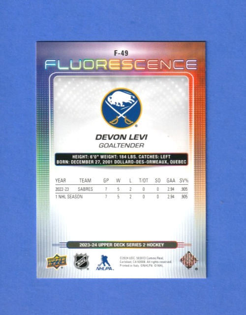 2023-24 Upper Deck Fluorescence Red   Devon Levi  Rookie #F-49 Buffalo Sabres RC