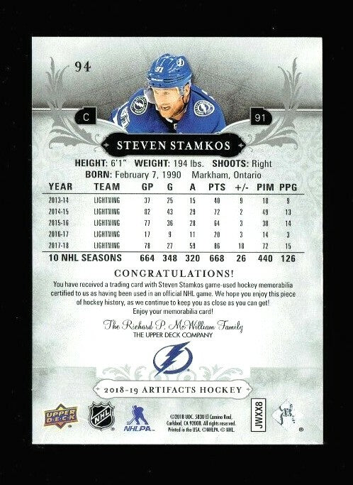 2018-19 Artifacts Steven Stamkos #94  018/165 Dual Jersey SILVER Lightning