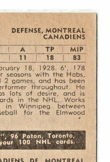 TOM JOHNSON 1954-55 PARKHURST  # 10 NRMT-MINT  - GRADEABLE - Montreal Canadiens