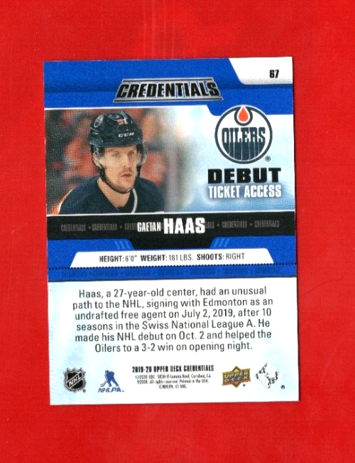 2019-20 Upper Deck Credentials Debut Ticket Access GAETAN HAAS 67 115/999 Rookie
