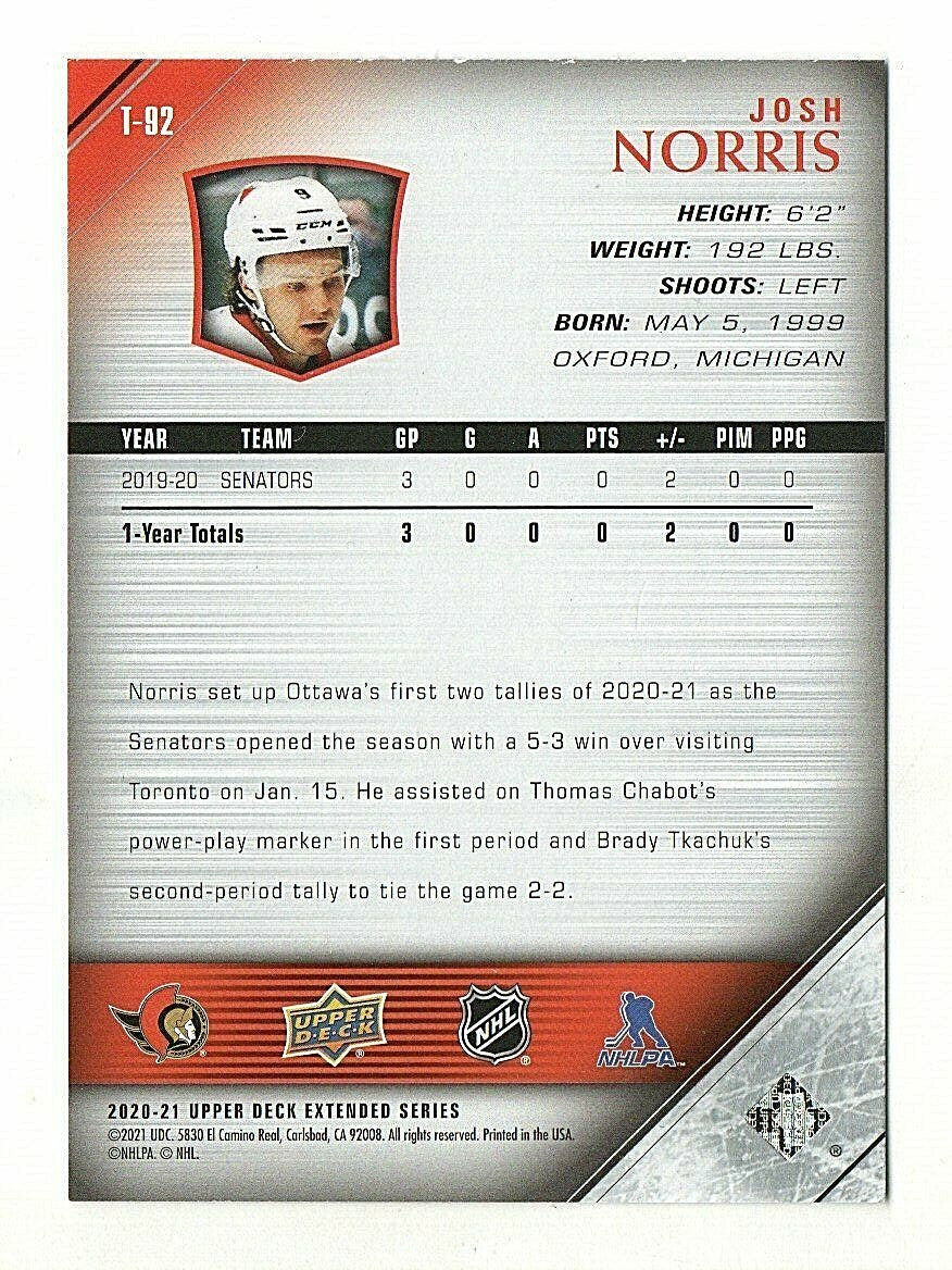 2020-21 Josh Norris UD Extended Series 05-06 Retro Young Guns Tribute #T-92 Sens