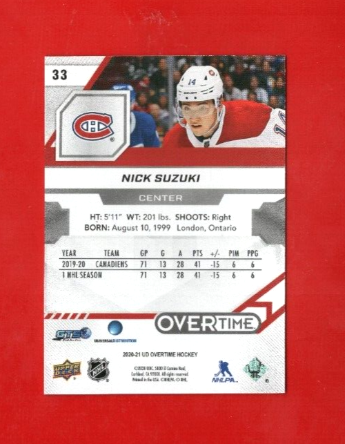 2020-21 Overtime  Red  Foil #33  -  30/99  -  Nick Suzuki  -  Montreal Canadiens