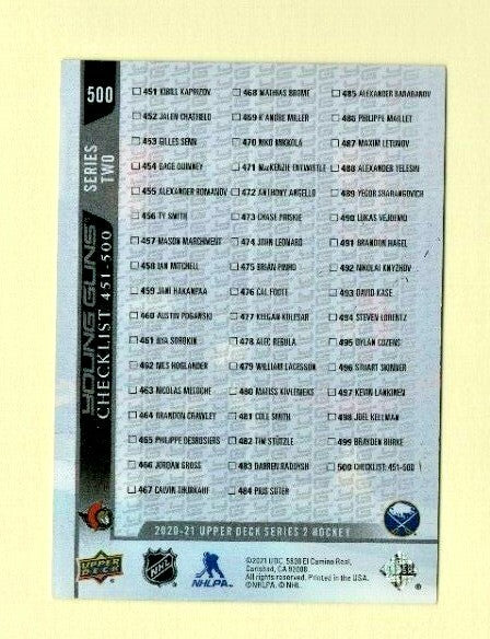  2020-21 Upper Deck Series 2 Young Guns -- CLEAR CUT -Checklist - Cozens/Stutzle