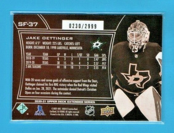 Jake Oettinger RC Spx Finite #Sf-37 0230/2999 Extended Series 2020-21 Dallas 