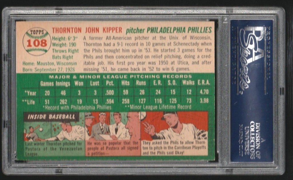 1954 Topps   -   Thornton Kipper #108  -  PSA 8 NM-MT   -  Philadelphia Phillies