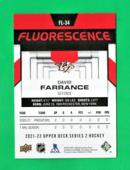 2021-22 UD Series 2 Hockey David Farrance  Fluorescence RED   FL-34  Predators