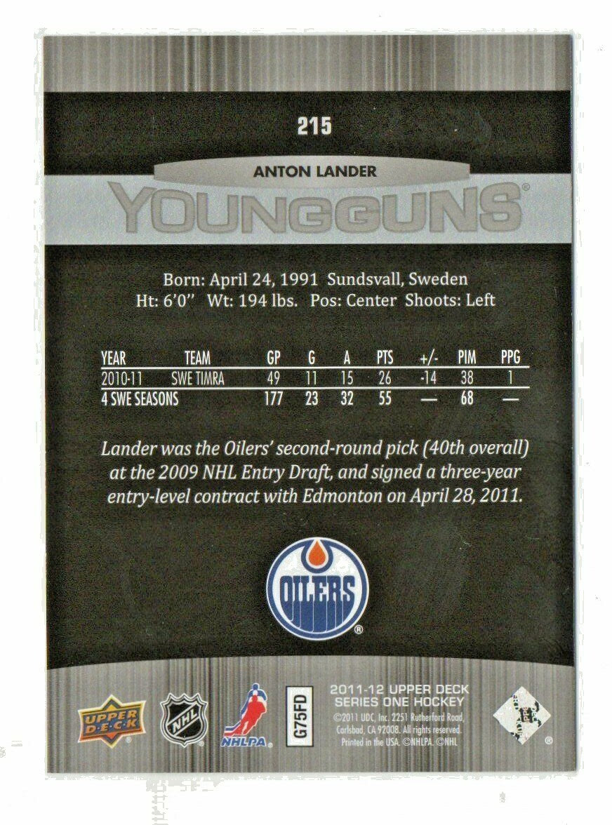 2011-12 Upper Deck #215  - Anton Lander   - #2 YG RC Young Guns  Edmonton Oilers