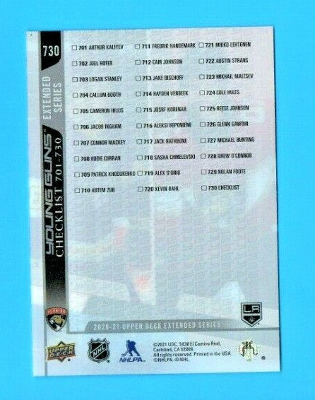 2020-21 Upper Deck Extended Series Young Guns Checklist Clear Cut #730