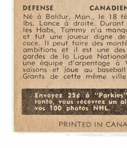 TOM JOHNSON 1954-55 PARKHURST  # 10 NRMT-MINT  - GRADEABLE - Montreal Canadiens