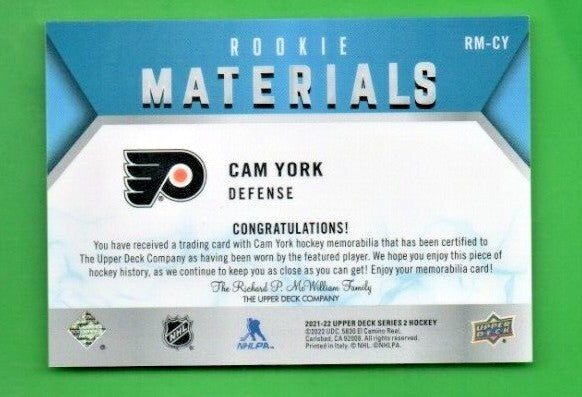 2021-22 UD Series 2 Rookie Materials ORANGE RM-CY Cam York Philadelphia Flyers 