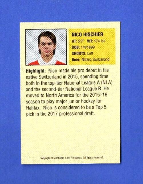 2016    Nico Hischier  -  Hot Shot Centres  -  Minor League Rookie Card  -  RC