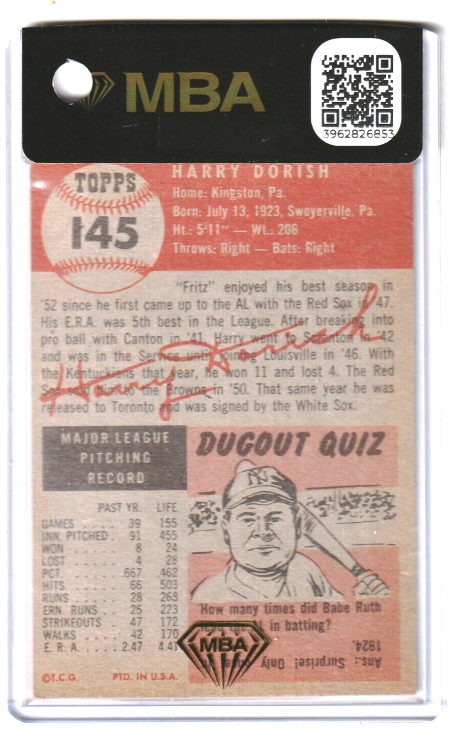 1953 Topps   -    Harry Dorish  #145   -   MBA AUTHENTIC   -   Chicago White Sox
