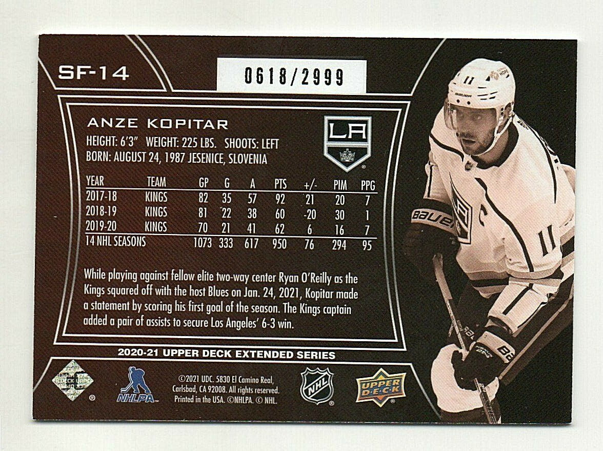 UPPER DECK 2020-21 EXTENDED SERIES SPX FINITE #14 ANZE KOPITAR 0618/2999