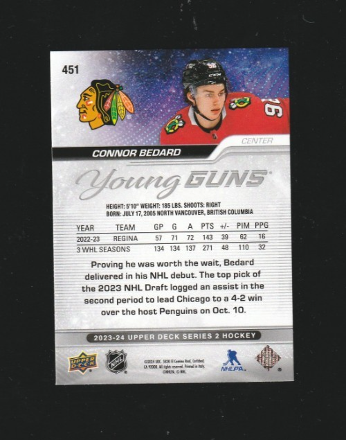 2023-24 Upper Deck Series 2 Connor Bedard #451 Young Guns RC  Chicago Blackhawks