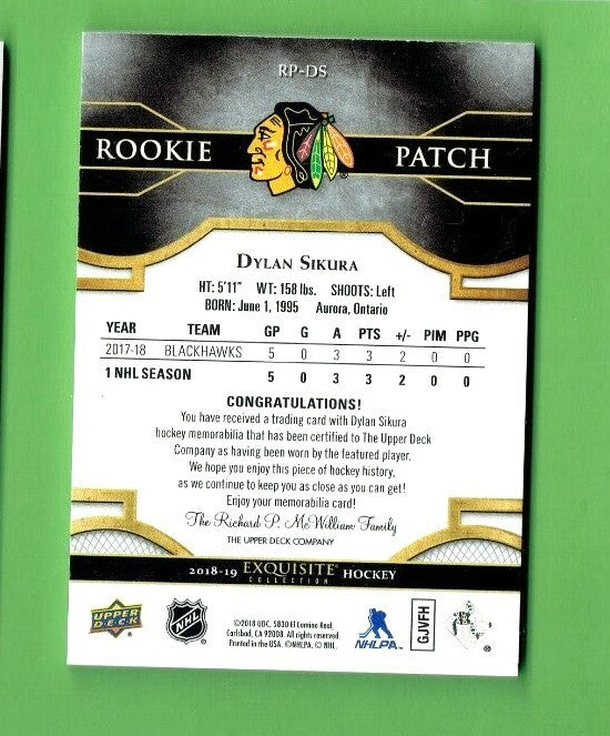 18-19 Exquisite Collection 3 Color Rookie Patch Dylan Sikura  Blackhawks 046/299