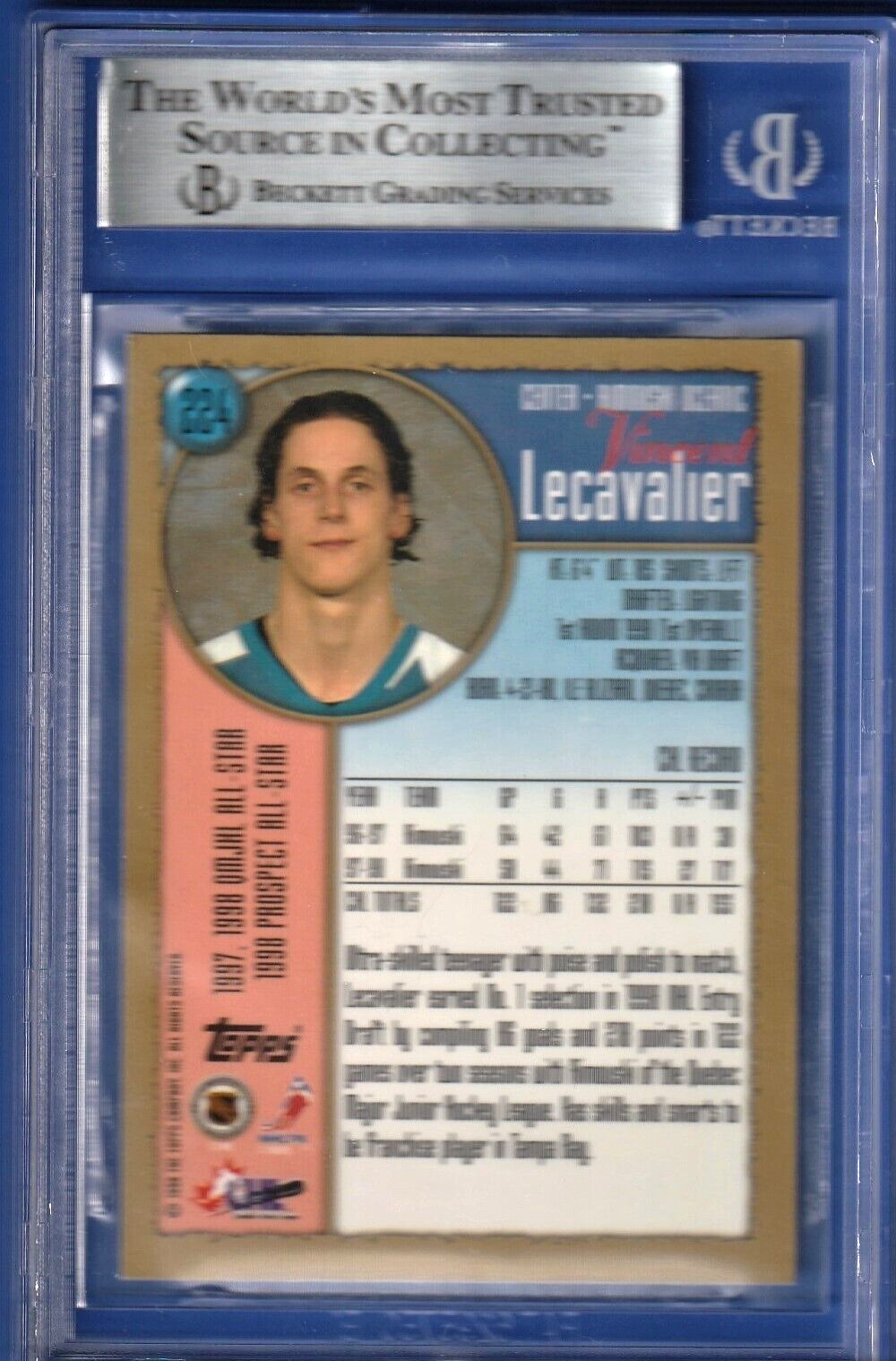 1998 Topps Hockey  -  Vincent Lecavalier  -  ROOKIE  AUTO #224 BAS BGS AUTH