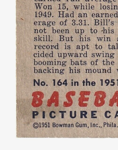 1951 Bowman #164  -  Bill Wight  -  Pitcher  -  Boston Red Sox  EX-NRMT