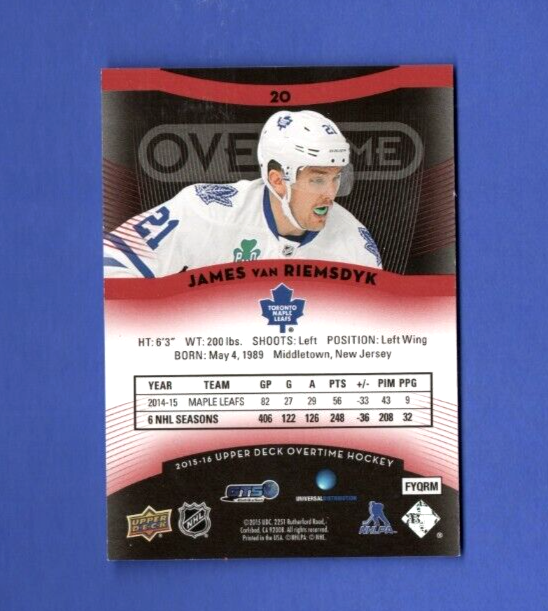 2015-16 Upper Deck  Overtime Red Foil 14/99 James van Riemsdyk #20 - Maple Leafs