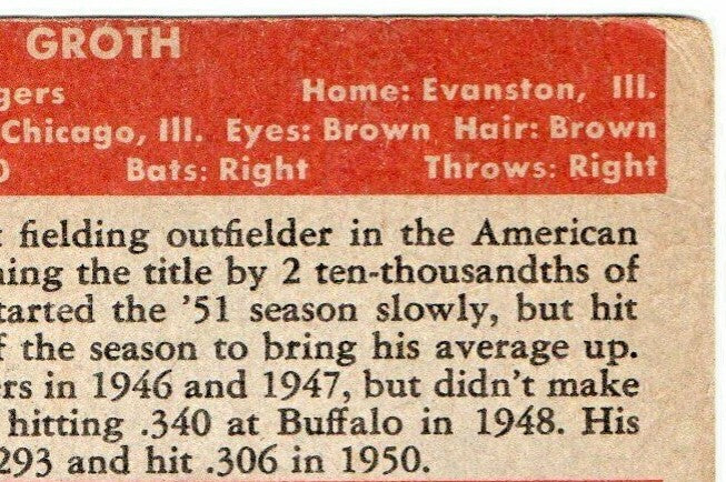 #25 JOHNNY GROTH 1952 Topps Baseball RED BACK DETROIT TIGERS